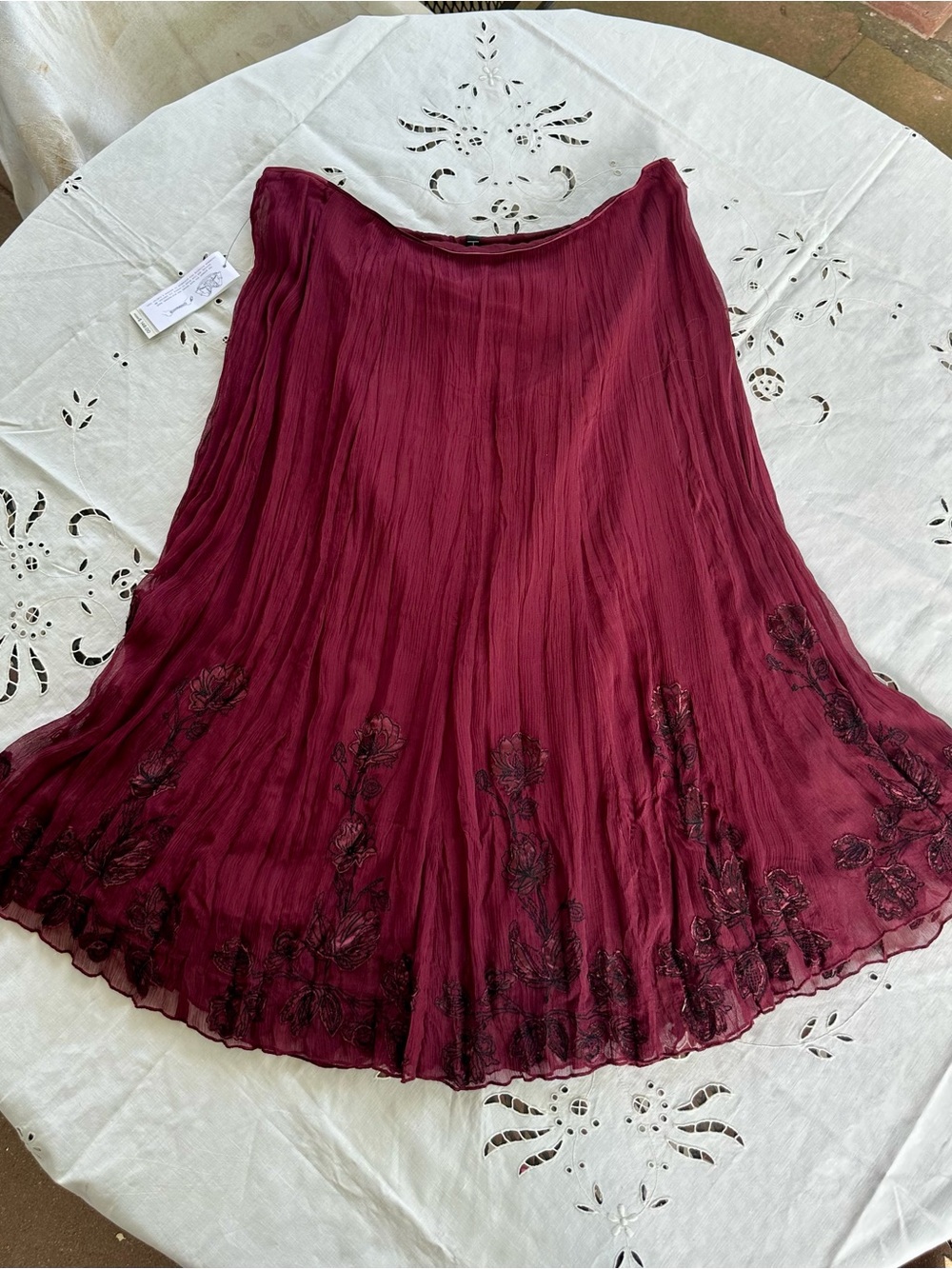 Tahari Silk Embroidered Wine Red Midi Skirt